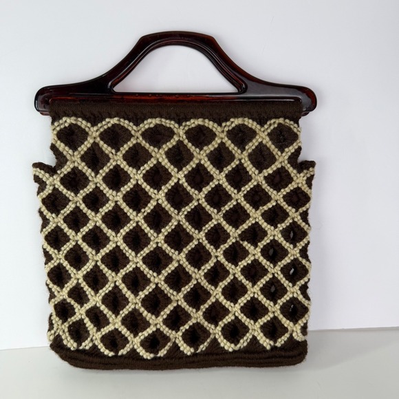 Handmade Handbags - Vintage 70s Wool Handbag Brown Cream Diamond Pattern Tortoiseshell Handle Bag